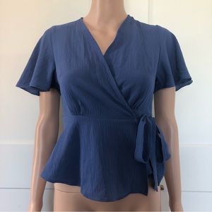 Monteau Textured Blue Flutter Sleeves Wrap Top Blouse Small XS